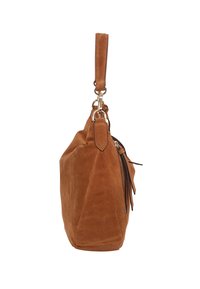 Braune Veloursleder-Handtasche mit klarer Form, ausgestattet mit einem oberen Griff und einem Reißverschluss. Die Oberfläche hat eine weiche Textur und sichtbare Nahtdetails.