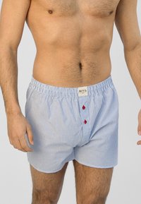 Boxer in blu e bianco a righe con elastico in vita, dotati di due bottoni rossi all'apertura e un'etichetta con il nome del marchio. Trama di tessuto morbido.