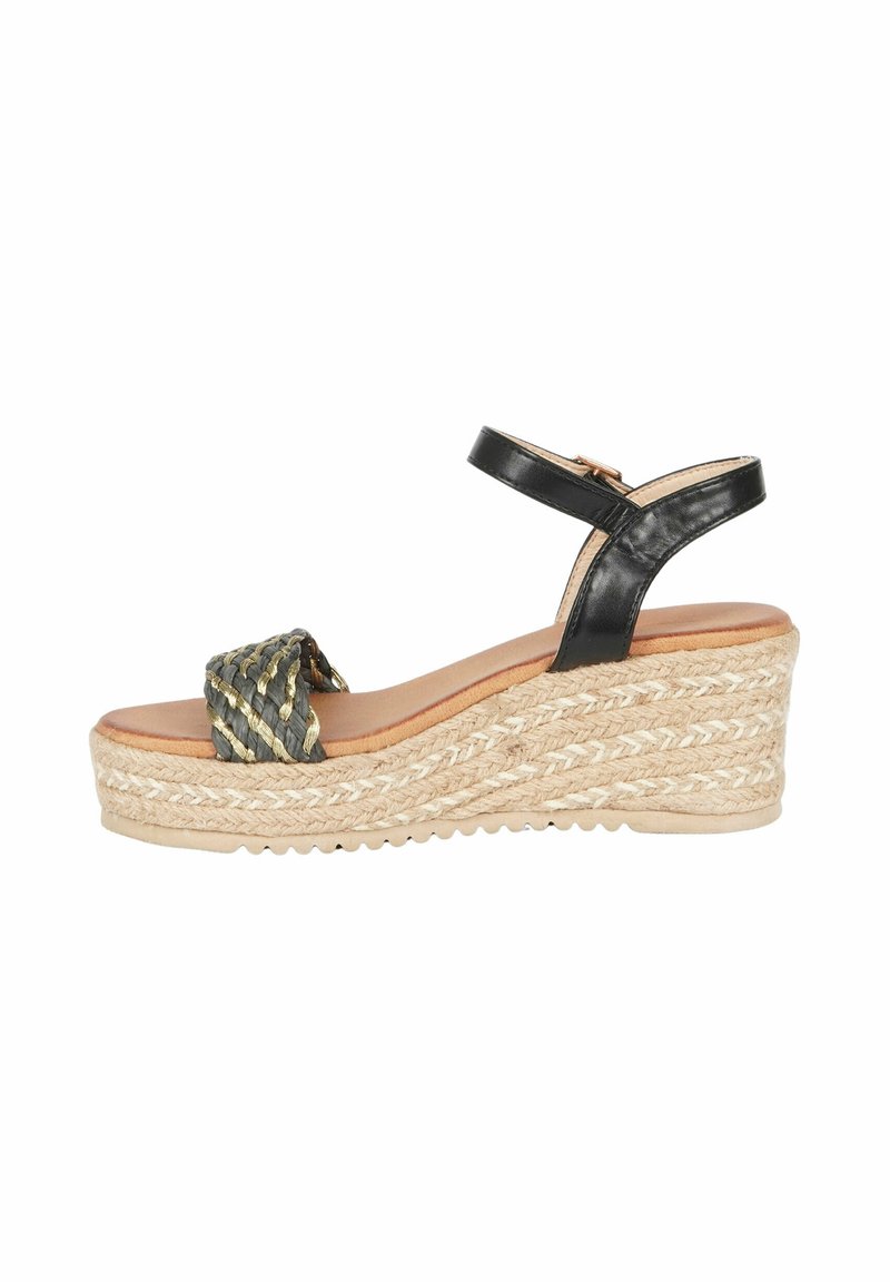 Sandalo wedge espadrilles nere con cinturino intrecciato e accenti grigi e dorati. Piattaforma in juta intrecciata, tomaia in pelle liscia.