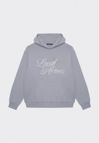 Jasnoszara bluza z kapturem z przednią kieszenią, prążkowanymi mankietami i napisem "Local Heroes" w białym, kursywie na piersi. Miękki materiał z mieszanki bawełny.
