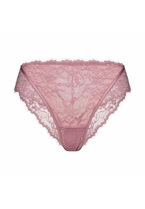 Różowy koronkowy damski bikini z kwiatowym wzorem i falistymi brzegami na białym tle.