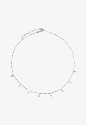 Sidabrinė grandinėlė, turinti subtilų dizainą su penkiais mažais, skaidriais stačiakampiais akmenimis, tolygiai išdėstytais grandinėlėje.