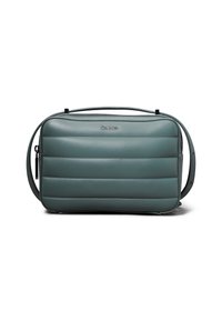 Borsa a tracolla in pelle scamosciata di un verde bluastro tenue, con strisce trapuntate, chiusura con zip e tracolla regolabile per una maggiore versatilità.