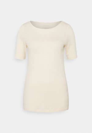 Light beige short-sleeve t-shirt with a round neckline and a textured finish. Simple design with no visible patterns or accents.