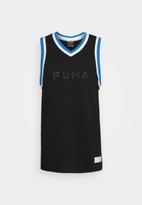 Svart ärmlös träningströja med blå och vit kant, "PUMA"-logga på bröstet, och liten vit etikett nära fållen.