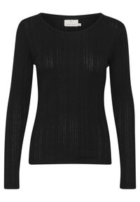 Schwarzes Langarmtop mit geripptem Textil, vertikalen Streifen und rundem Ausschnitt, aus weichem Strickmaterial gefertigt.