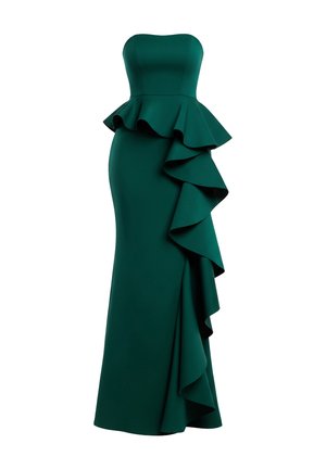 Groene strapless jurk met een nauwsluitend lijfje en gelaagde ruches langs de zijkant, gemaakt van een gladde stof. Vloerlengte ontwerp.