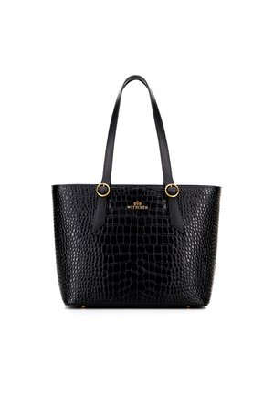 Sac fourre-tout en simili cuir noir avec texture crocodile, accents en métal doré et doubles poignées. Présente un logo à l'avant.
