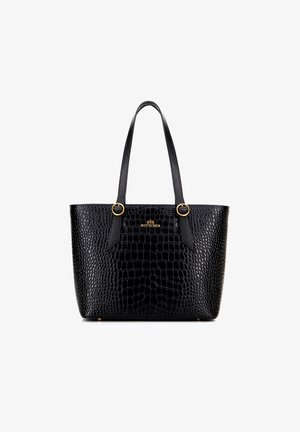 Czarna torebka typu tote z ekoskóry o teksturze krokodyla, z akcentami w złotym kolorze i podwójnymi uchwytami. Posiada logo z przodu.