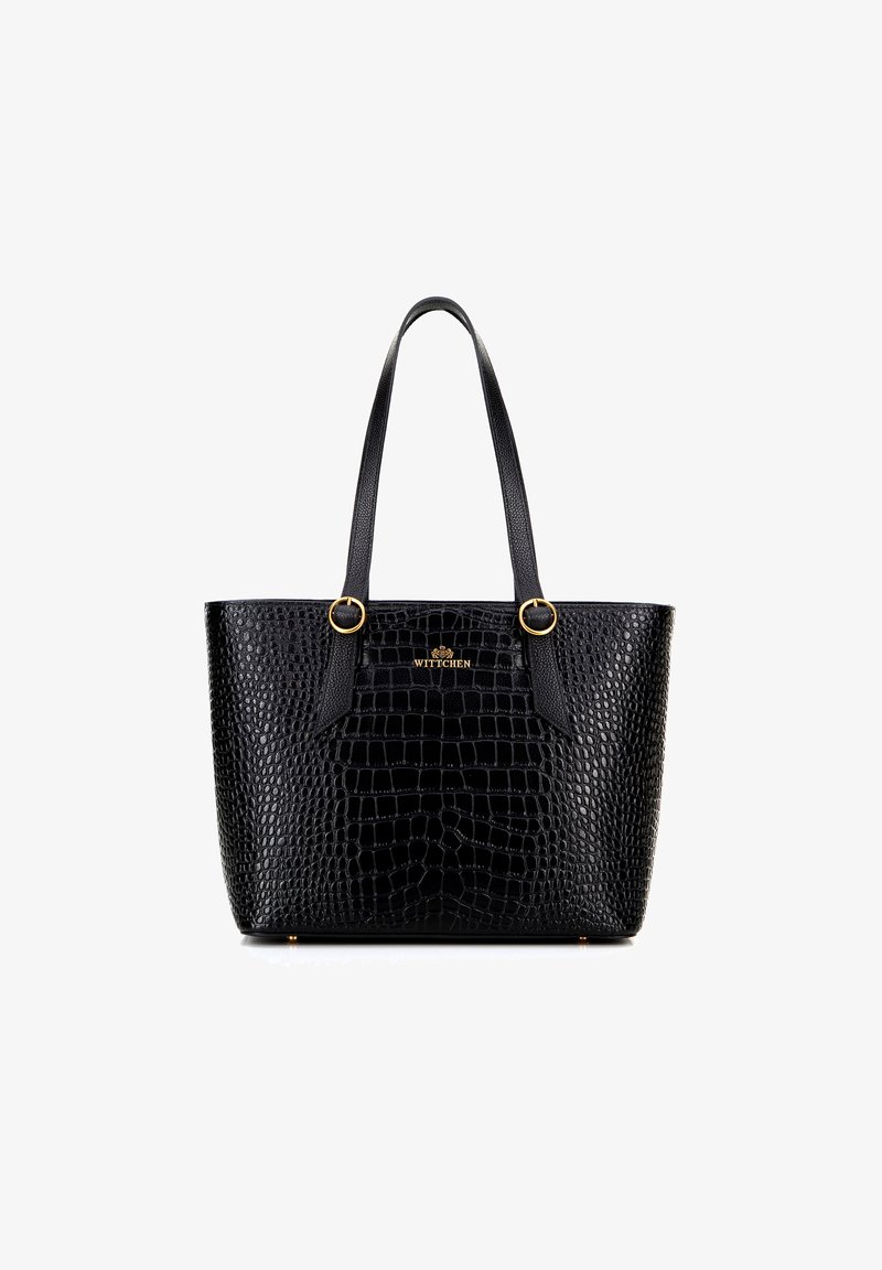 Borsa a tote nera in finta pelle con texture a coccodrillo, dettagli in metallo dorato e doppio manico. Presenta un logo sul davanti.