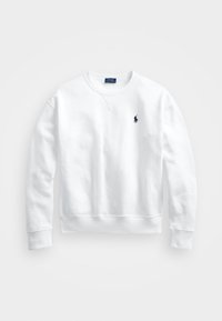 Vit långärmad crewneck sweatshirt med ribbad mudd och nederkant, med en liten marinblå broderad Polo Ralph Lauren-logotyp på bröstet.