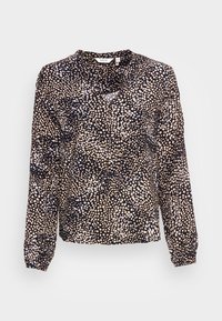 Blusa a maniche lunghe in tessuto nero con un motivo a pois sparsi beige e azzurro chiaro. Presenta una vestibilità rilassata e dettagli con bottoni.