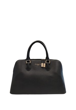 Borsa a mano in pelle nera con doppi manici superiori, dettagli in metallo dorato e chiusura con zip. Superficie texture con il logo del marchio in evidenza.