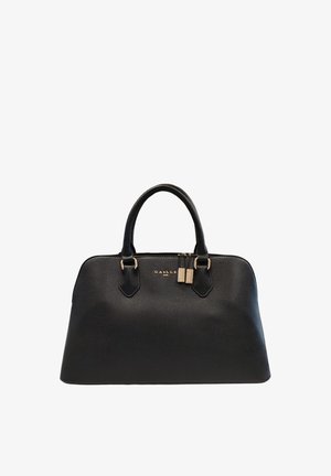 Borsa a mano in pelle nera con doppi manici superiori, dettagli in metallo dorato e chiusura con zip. Superficie texture con il logo del marchio in evidenza.