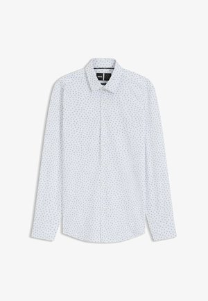 Biała koszula z guzikami, z delikatnym wzorem małych niebieskich kształtów. Posiada klasyczny kołnierz i długie rękawy z zapięciem na guziki.