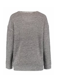 Grauer Strickpullover mit lockerer Passform, weitem Ausschnitt und langen Ärmeln. Verfügt über einen gerippten Saum und strukturiertes Garn für zusätzlichen Interesse.