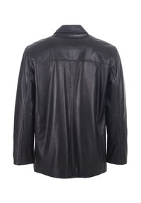 Veste en cuir noire vue de dos, avec un col droit et des coutures visibles aux épaules et le long des manches.