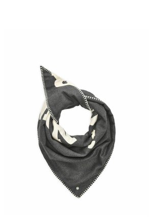 Dark gray triangular scarf with white abstract pattern and white stitched border, folded to form a loop.