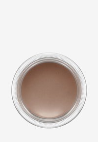 Bronzen crèmekleurige oogschaduw in een ronde doorzichtige verpakking met een gestructureerd zilveren deksel, met een gladde, metallic afwerking en subtiele glans.