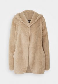 Beige blødt fleece hættejakke med lange ærmer og åben front, der har en luksuriøs, struktureret overflade.