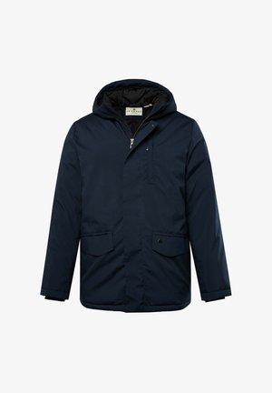 Marineblaue wasserdichte Jacke mit Kapuze, Reißverschluss, zwei Fronttaschen und einer Brusttasche; zeichnet sich durch eine glatte Textur und strapazierfähigen Stoff aus.