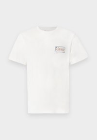 White cotton t-shirt with short sleeves, featuring a small rectangular logo patch on the left chest with colorful text and border.