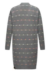 Cardigan lungo grigio con una texture lavorata a maglia, caratterizzato da righe orizzontali in rosa, bianco e verde. Include un colletto e polsini a coste.