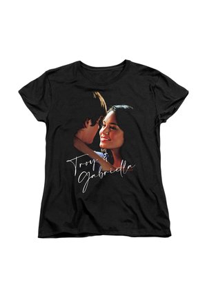 Black t-shirt with a close-up of a smiling young woman looking at a young man, with "Troy & Gabriella" handwritten below.