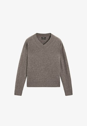 Gray knitted V-neck long-sleeve sweater with ribbed cuffs and hem, displayed flat on a white background.