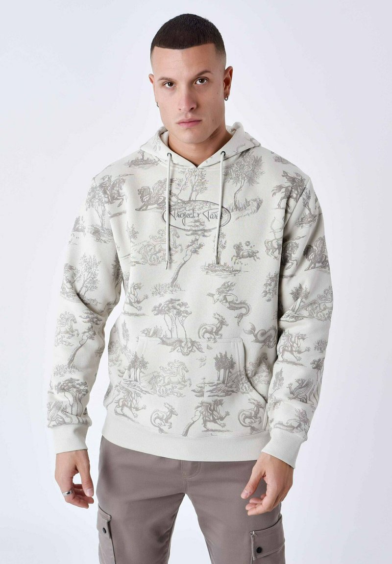 Felpa con cappuccio in tessuto beige chiaro con motivi illustrativi grigi di alberi e creature mitologiche; presenta una tasca frontale e stringhe di regolazione.
