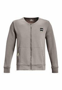 Felpa grigia con zip, colletto rotondo, due tasche frontali e una piccola etichetta con logo sul lato sinistro del petto. Tessuto morbido con polsini a coste.
