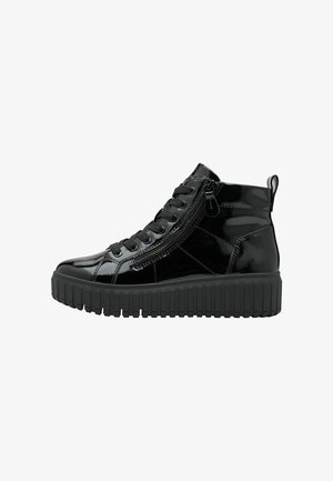 Black patent leather high-top sneakers with a textured rubber sole, front laces, and a side zipper for easy access.