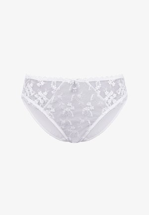 White lace brief with floral embroidery, sheer mesh panels, scalloped edges, and a decorative bow at the back. Soft, textured fabric.