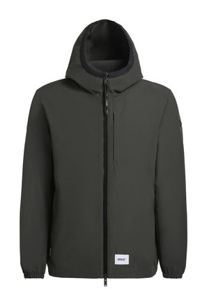 Veste à capuche vert foncé avec une fermeture éclair sur toute la longueur à l'avant, des poignet élastiques et une finition texturée. Présente un patch logo près de l'ourlet.