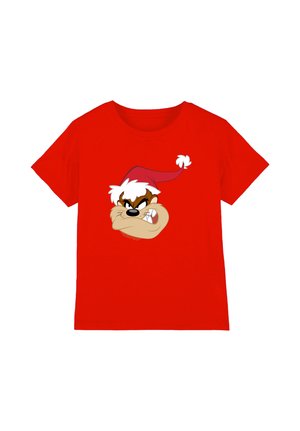 Red cotton T-shirt featuring a graphic of an angry cartoon character with a white and red Santa hat on the front. Short sleeves, crew neck.