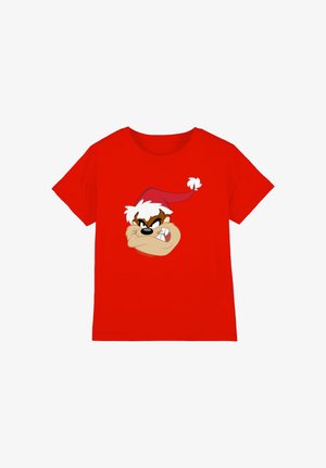 Red cotton T-shirt featuring a graphic of an angry cartoon character with a white and red Santa hat on the front. Short sleeves, crew neck.
