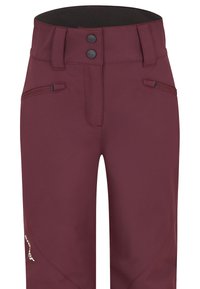 Burgunderfarbene Outdoor-Hosen mit glatter Textur, ausgestattet mit zwei schwarzen Knöpfen an der Taille und Reißverschlusstaschen an den Seiten für zusätzlichen Stauraum.