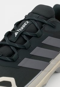 Czarne sneakersy Terrex z siateczkową cholewką, szarymi akcentami, szerokimi sznurowadłami i wyściełaną podeszwą. Posiadają wyraźne logo na języku.