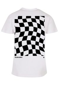 White t-shirt featuring a warped black and white checkered pattern on the back. The word "FANTASTIC" is displayed upside down.