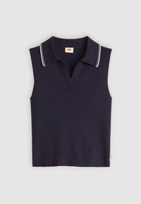 Débardeur polo sans manches bleu marine en texture côtelée avec un décolleté en V et des accents en blanc sur le col et l'ourlet.
