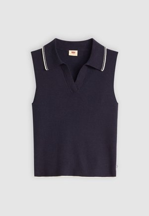 Navy mouwloze polo top in geribbeld textuur met een v-halslijn en witte contrasterende accenten op de kraag en zoom.
