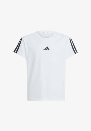 Camiseta de algodón blanca de manga corta, con acentos en negro de tres rayas en los hombros y un sutil logo negro en el pecho.