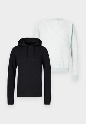 Two sweatshirts: a black hooded sweatshirt with a front pocket and a light gray crewneck sweatshirt with ribbed cuffs and collar.