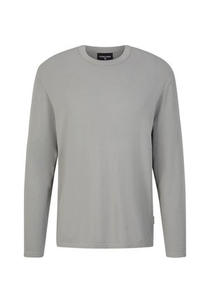 Graues Langarm-T-Shirt mit Rundhalsausschnitt, aus strukturiertem Stoff gefertigt, mit einem dezenten Muster und einem Markenetikett an der Seitennaht.