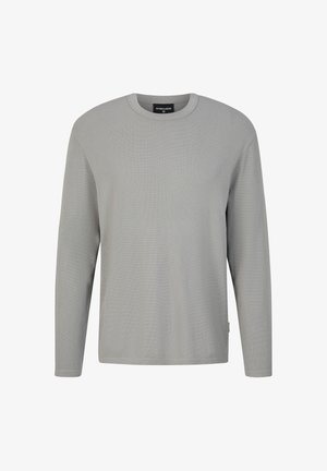 Graues Langarm-T-Shirt mit Rundhalsausschnitt, aus strukturiertem Stoff gefertigt, mit einem dezenten Muster und einem Markenetikett an der Seitennaht.