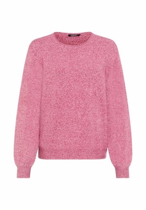 Pink, textured sweater with a round neck and long, tapered sleeves. Ribbed hem and cuffs. Made from soft knit material.