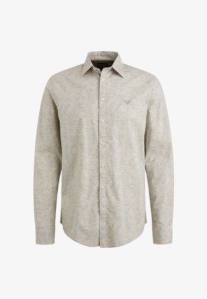 Košile na knoflíky z lehkého béžového materiálu s jemným květinovým vzorem, dlouhými rukávy, špičatým límcem a malým vyšitým logem na hrudi.