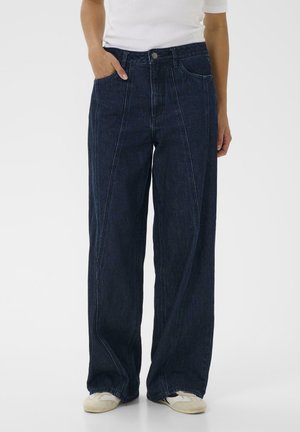 Wide-leg blue denim jeans with a high waist, front pockets, and contrast stitching. Fabric has a smooth texture and a medium weight.