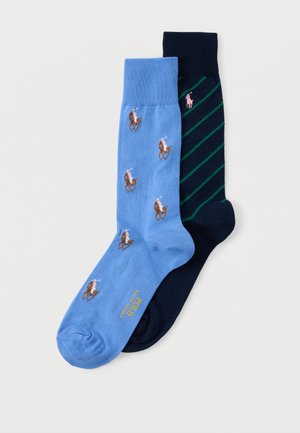 Két pár legényszáras zokni, az egyik világoskék barna póló lovas motívumokkal és sárga "Polo Ralph Lauren" felirattal, a másik sötétkék zöld csíkokkal.