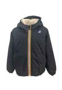 Giubbotto puffo nero con cappuccio, foderato in pelliccia sintetica crema, con una cerniera multicolore e un piccolo logo sulla parte sinistra del petto.